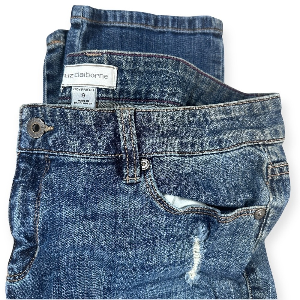 Liz Claiborne Womens Boyfriend Jeans Size 8 Blue‎ Distressed Denim